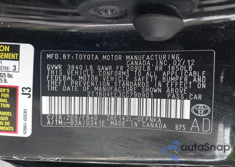 2012 Toyota Corolla Le from USA, damaged, VIN 2T1BU4EE3CC790901